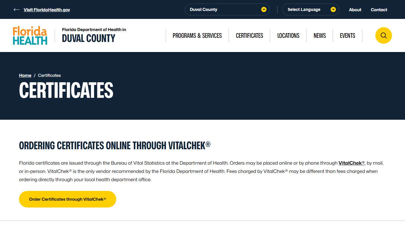 Certificates - Florida Department of Health in Duval County